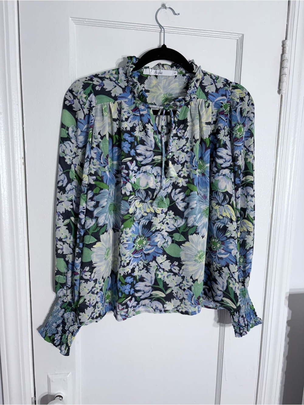 Tie-Neck Floral Blouse in Blue & Green - Women